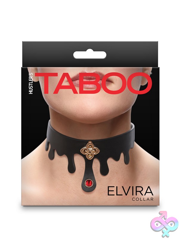 Discreet-Toys-Hustler-S-Taboo-Elvira-Collar-Black-Nu-Nsn-1800-43 Adjustable Black Pu Bondage Collar With Ruby Jewel And Gold Charm By Hustler'S Taboo