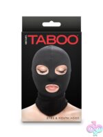 Soft black nylon eyes and mouth hood for couples sensory play by Hustler's Taboo