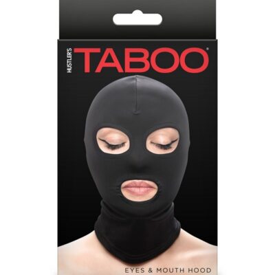 Soft black nylon eyes and mouth hood for couples sensory play by Hustler's Taboo