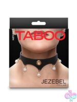 Black PU kink collar with gold accents, pearl detail, and O-ring by Hustler's Taboo