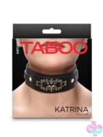 Adjustable black PU vinyl kink collar with gold embellishments and D-ring by Hustler's Taboo