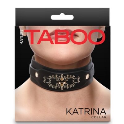Adjustable black PU vinyl kink collar with gold embellishments and D-ring by Hustler's Taboo