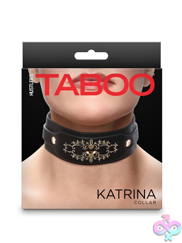 Discreet-Toys-Hustler-S-Taboo-Katrina-Collar-Black-Nu-Nsn-1800-03 Adjustable Black Pu Vinyl Kink Collar With Gold Embellishments And D-Ring By Hustler'S Taboo