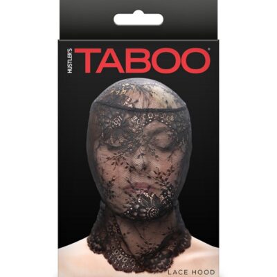 Hustler's Taboo stretch lace hood for kink play in black and white