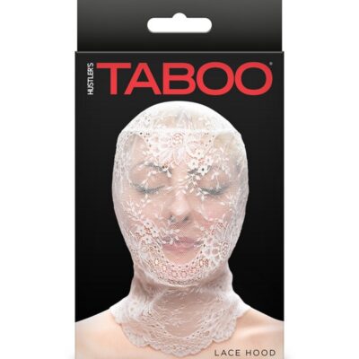 Hustler's Taboo stretch lace hood for kink play in black and white
