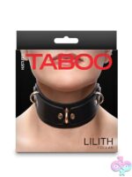 Adjustable black PU kink collar with red lining and three D-rings by Hustler's Taboo