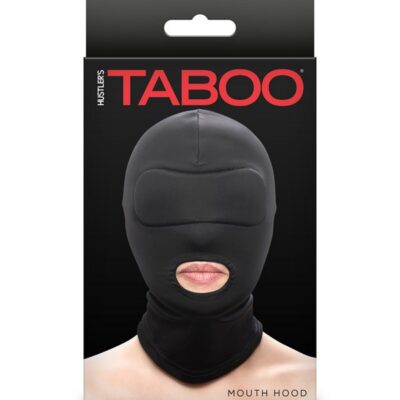 Sleek black nylon mouth hood for kink play by Hustler's Taboo