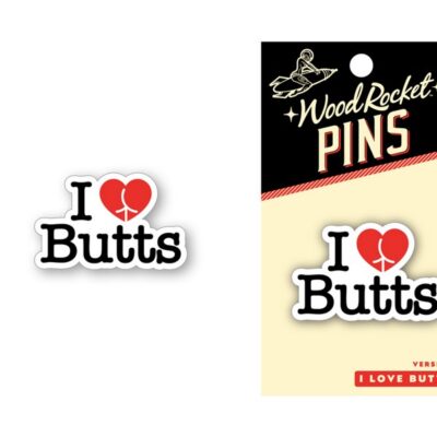 Pink I Love Butts enamel lapel pin with butt-heart design by Wood Rocket