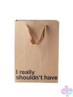 I Really Shouldn't Have snarky beige Kraft paper gift bag with brown ribbon handle by Wood Rocket