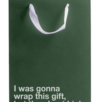 Snarky green Kraft paper gift bag with white ribbon handle by Wood Rocket