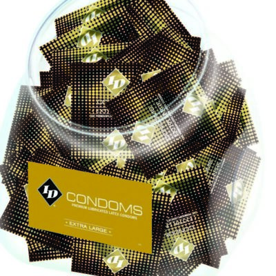 144-count jar of ID Extra Large lubricated clear latex condoms by Id Lube