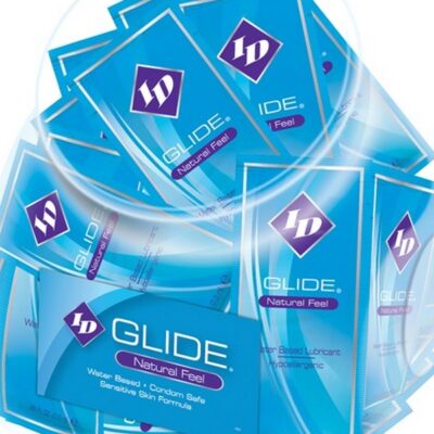 144-count bowl of ID Glide clear water-based lubricant foil packets by Id Lube