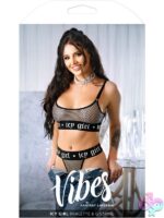 Icy Girl metallic fishnet bralette and matching g-string set in black with silver lurex detail
