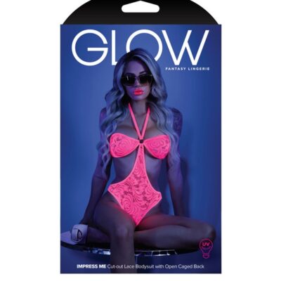 Neon pink lace open cage back bodysuit with strappy rear and O-ring detail by Fantasy Lingerie