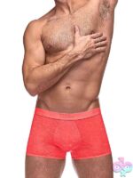 Male Power Impressions high-cut semi-sheer fitted short in coral polyester-spandex blend