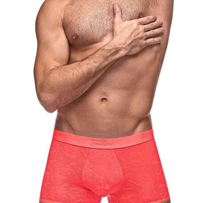 Male Power Impressions high-cut semi-sheer fitted short in coral polyester-spandex blend