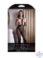 High-waist black lace suspender stockings with stud detail by Fantasy Lingerie
