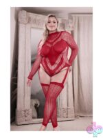 Infatuation Open Back Long Sleeve Teddy Bodystocking – Red - Image 2