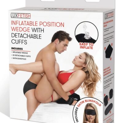 Black inflatable position wedge with detachable neoprene cuffs and satin blindfold by Lux Fetish