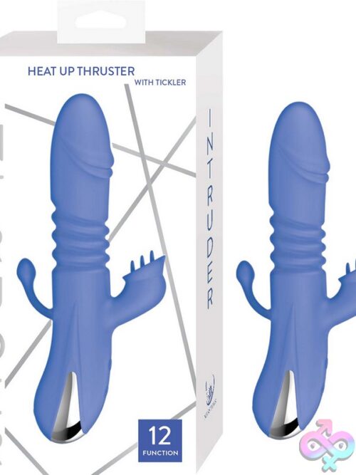 Intruder Heat Up Thrusting Rabbit Vibrator With Clitoral Tickler In Blue And Orange On A Neutral Background