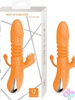 Intruder heat up thrusting rabbit vibrator with clitoral tickler in blue and orange on a neutral background