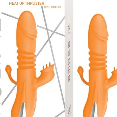 Intruder heat up thrusting rabbit vibrator with clitoral tickler in blue and orange on a neutral background