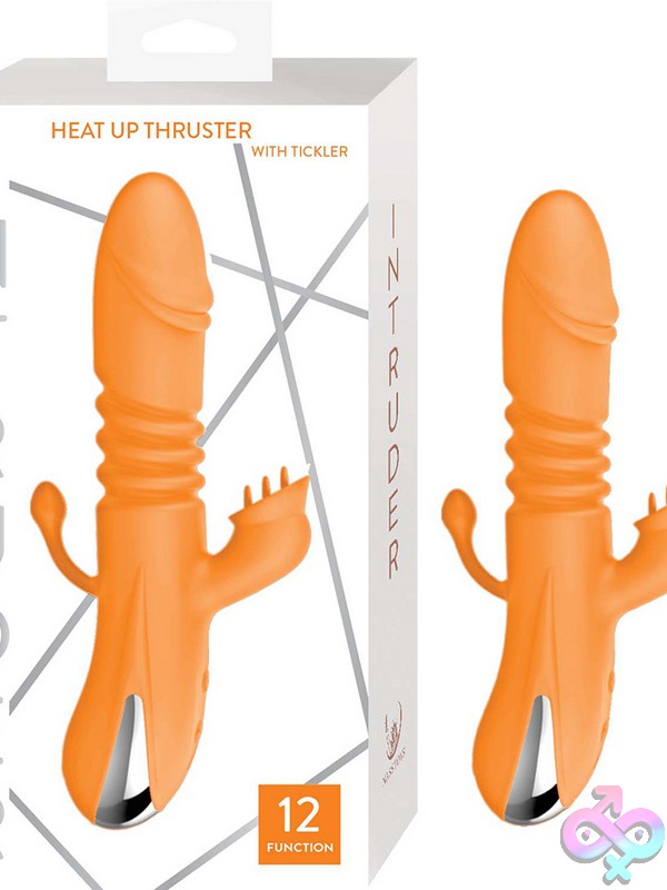 Discreet-Toys-Intruder-Heat-Up-Thruster-With-Tickler-Orange-Nu-Nw3286-1 Intruder Heat Up Thrusting Rabbit Vibrator With Clitoral Tickler In Blue And Orange On A Neutral Background