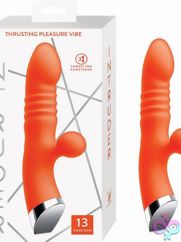 Discreet-Toys-Intruder-Thrusting-Pleasure-Vibe-Tangerine-Nu-Nw3304-1 Textured Thrusting Rabbit Vibrator In Tangerine Silicone And Abs By Nasstoys