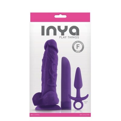 Three-piece purple silicone and ABS pleasure kit with suction-cup dildo, vibrator, and plug by Ns Novelties