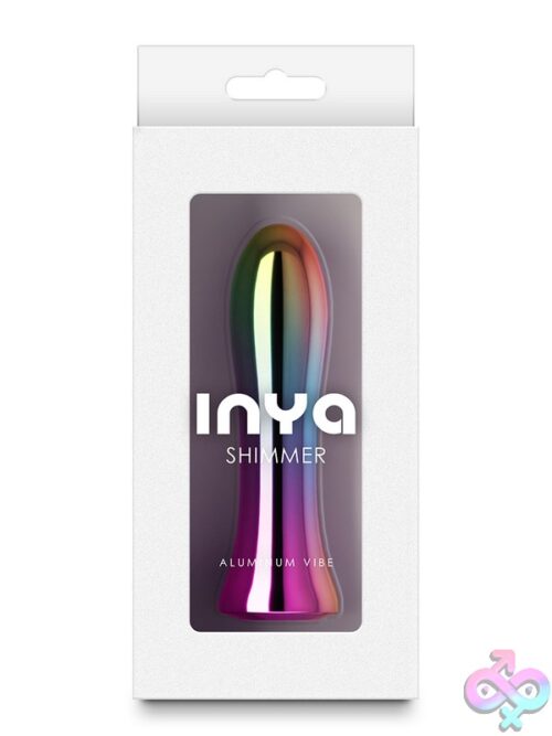 Inya Shimmer Metallic Rechargeable Vibrator In Blue, Multi, And Pink On A Soft Neutral Background