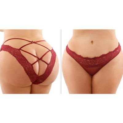 Red lace and mesh bikini panty with lattice cut-out back by Fantasy Lingerie