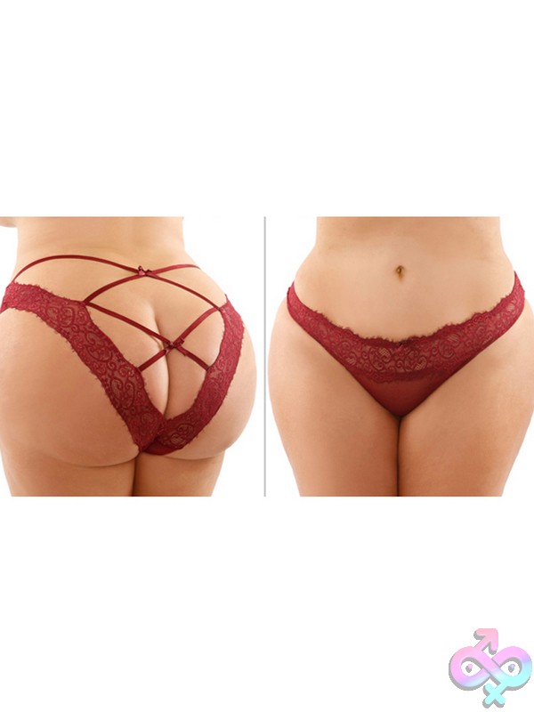 Discreet-Toys-Ivy-Lace-Mesh-Bikini-Panty-Queen-Size-Nu-Py2207-Gnt-Qs Red Lace And Mesh Bikini Panty With Lattice Cut-Out Back By Fantasy Lingerie