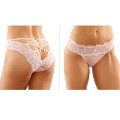 Pink lace and mesh bikini panty with lattice cut-out back detail