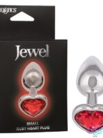 Small silver metal anal plug with ruby heart rhinestone gem accent by California Exotic Novelties