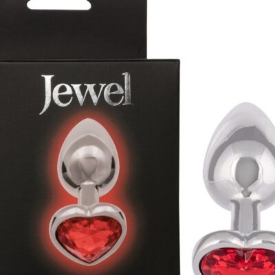 Small silver metal anal plug with ruby heart rhinestone gem accent by California Exotic Novelties