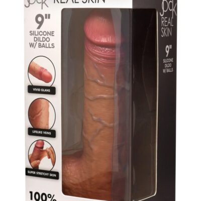9-inch dual-layer realistic silicone dildo with balls and suction-cup base in beige by Curve Novelties