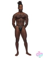 Male Power Jouster black studded leather-look g-thong with contour pouch and ring waistband