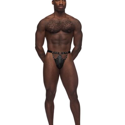 Male Power Jouster black studded leather-look g-thong with contour pouch and ring waistband