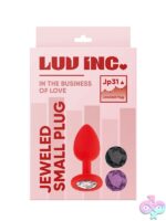 Small red jeweled silicone butt plug with three interchangeable rhinestone gems by Luv Inc