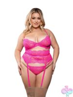 Neon pink lace three-piece bra garter belt and g-string lingerie set by Fantasy Lingerie
