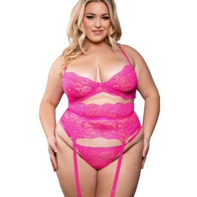 Neon pink lace three-piece bra garter belt and g-string lingerie set by Fantasy Lingerie