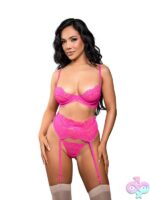 Juliette 3-piece neon pink lace bra garter belt and panty set by Fantasy Lingerie