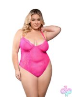 Neon pink crotchless lace and striped mesh teddy in size 1X/2X by Fantasy Lingerie