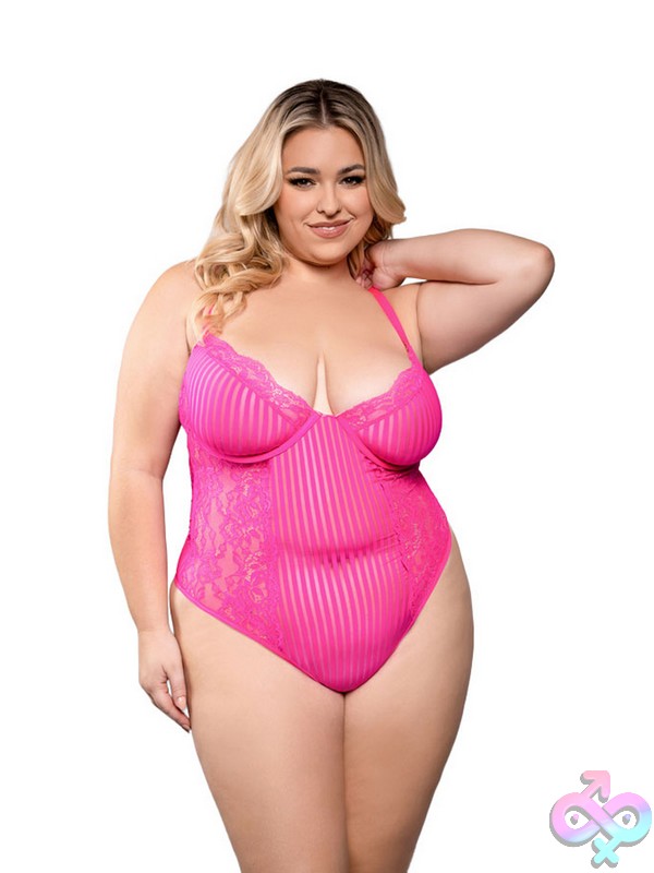 Discreet-Toys-Juliette-Crotchless-Teddy-1X-2X-Garment-Only-No-Box-Nu-2436Xnpk-1X2X Neon Pink Crotchless Lace And Striped Mesh Teddy In Size 1X/2X By Fantasy Lingerie