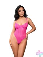 Juliette crotchless lace and striped mesh teddy in neon pink by Fantasy Lingerie