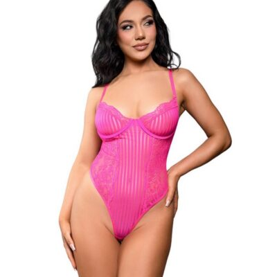 Juliette crotchless lace and striped mesh teddy in neon pink by Fantasy Lingerie