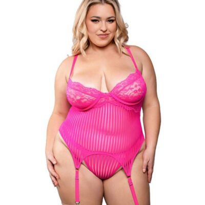 Neon pink lace and striped mesh gartered bustier with g-string panty by Fantasy Lingerie, size 1X/2X