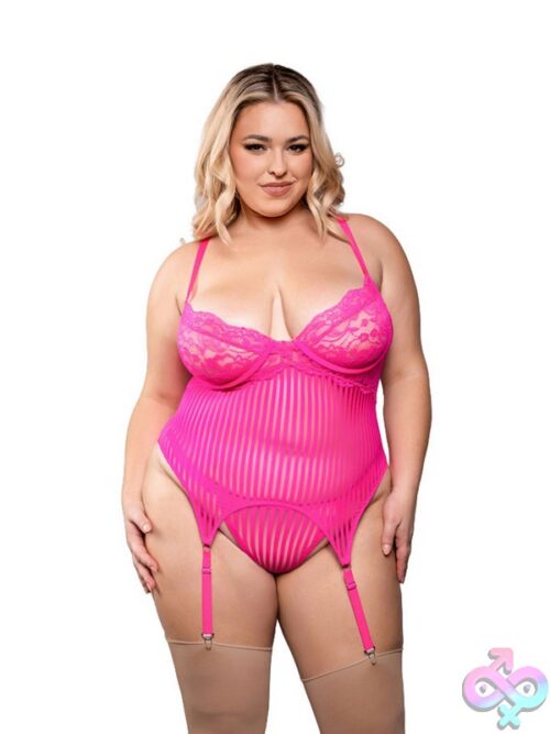 Neon Pink Lace And Striped Mesh Gartered Bustier With G-String Panty By Fantasy Lingerie, Size 1X/2X