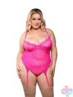 Juliette neon pink lace and striped mesh gartered bustier with g-string panty by Fantasy Lingerie, size 3X/4X