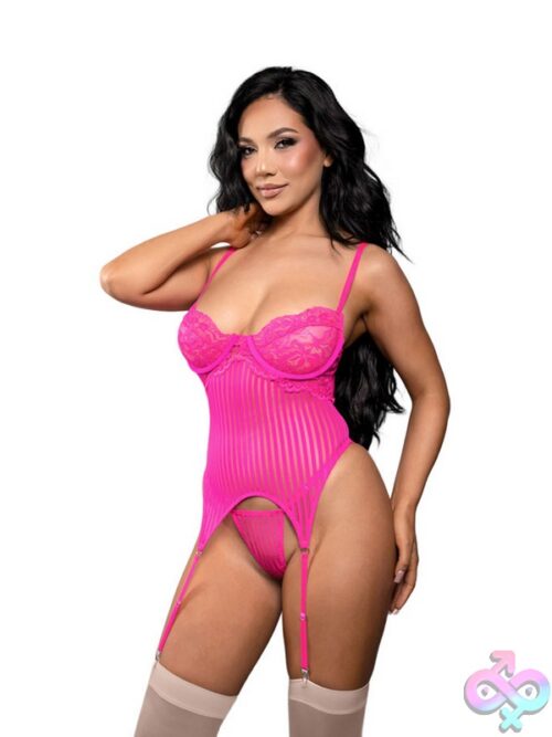 Neon Pink Lace And Striped Mesh Gartered Bustier With G-String Panty By Fantasy Lingerie